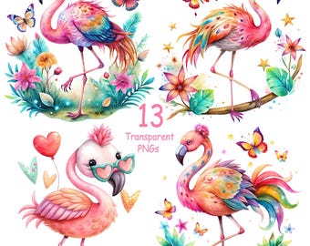 Imágenes prediseñadas de flamencos en acuarela: 13 ilustraciones PNG (descarga digital)