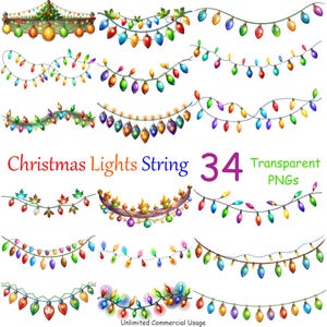 Lot de 34 lumières de Noël clipart - guirlandes lumineuses festives pour travaux manuels, journaux indésirables, cartes de voeux à faire soi-même, motifs par sublimation, cadeaux