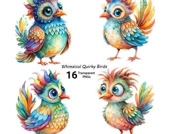 Whimsical Watercolor Bird Clipart: Funny Animal PNG Graphics (Digital Download)