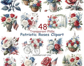 Patriotic Roses Clipart Red White Blue Floral Graphics Pack 4th of July Digital Download