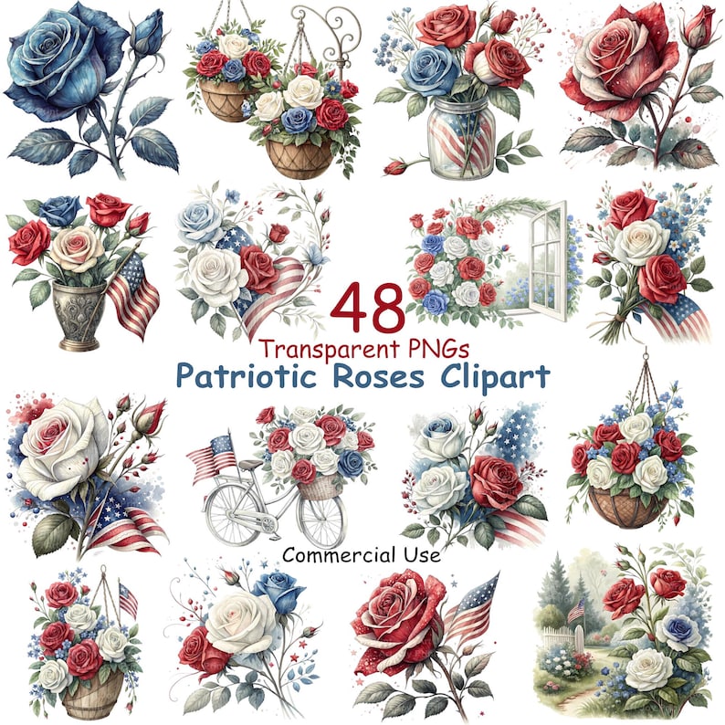 Patriotic Roses Clipart Red White Blue Floral Graphics Pack 4th of July ...