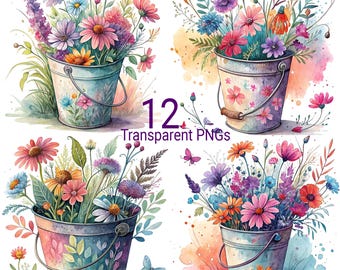 Watercolor Wildflower Bucket Clipart: 12 PNG Floral Graphics (Digital Download)