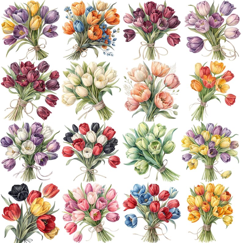 Tulip Bouquet Clipart Bundle, Watercolor Floral Bouquets Spring Flower ...