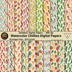 May include: A collection of 20 seamless digital papers featuring watercolor illustrations of chili peppers in various colors. The papers include red, yellow, and green peppers, with leaves and stems. The text reads "Watercolor Chillies Digital Papers".