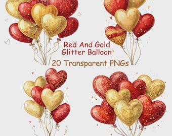 Red and Gold Glitter Heart Balloons Clipart, Valentine's Day PNGs (Digital Download)