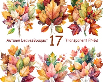 Autumn Leaves Watercolor Clipart Bundle: Fall Foliage PNG Images (Digital Download)