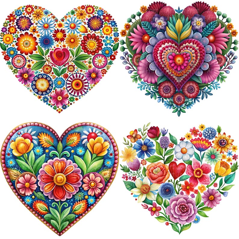 Colorful Folk Art Floral Heart Clipart Bundle, Bright Boho Flower Heart ...