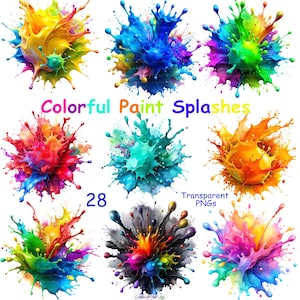 Op de afbeelding: Een verzameling van 28 kleurrijke verfspatten in verschillende tinten, waaronder geel, blauw, groen, rood, oranje en paars. De tekst "Colorful Paint Splashes" en "28 Transparent PNGs" staat in het midden van de afbeelding.