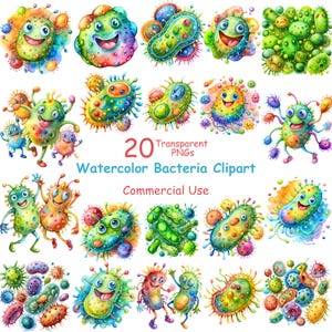 May include: A collection of 20 watercolor bacteria clipart illustrations featuring colorful, smiling microorganisms with various shapes, spots, and appendages. The text 20 Transparent PNGs Watercolor Bacteria Clipart Commercial Use is centered.