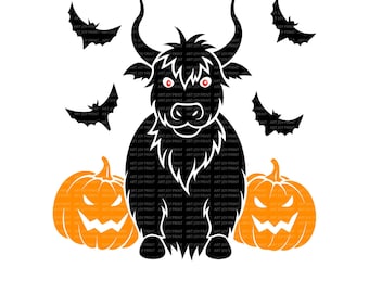 File di taglio SVG di mucca spettrale delle Highland con zucche — Cricut e Silhouette di animali di Halloween SVG DXF
