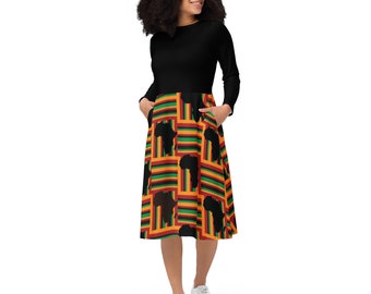 All-over print long sleeve midi dress, Kente Dress, African Dress, Kente Print Dress