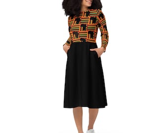 All-over print long sleeve midi dress, Kente Dress, African Dress, Kente Print Dress
