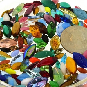 Czech, German Crystal, Glass Rhinestone Navette Marquise 10 Grams Repair Design Mix Lot Kit Mixed Colors and Sizes Vintage