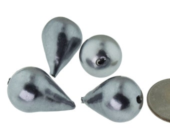 German Dark Gray Cotton Pearls Teardrop Drop Pear Beads 27x20mm 4 Piece Lot Large Size Beautiful Handmade Jewelry Design Hematite Charcoal
