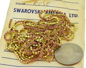 6 Feet Swarovski Crystal Rose Rhinestone Brass Chain 5ss 12pp Stones Including Envelope Vintage Destash NOS Pink