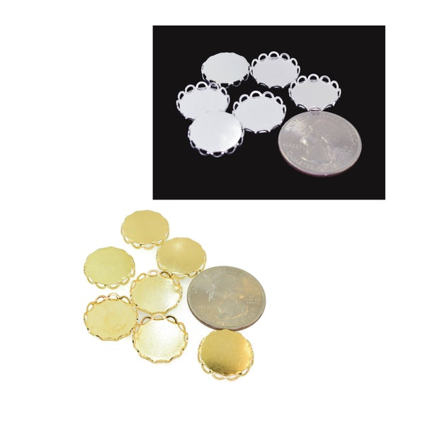 15mm Scallop Lace Edge Bezel Empty Settings 14k Gold or Sterling Silver Plate  Nickel Free Cabochon Rhinestones Stones 8 Piece Lot