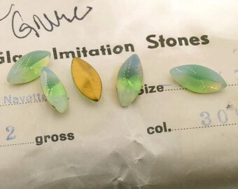 Green, White Opal Givre Sabrina Glass Navette 15x7mm Cabochon Top Pointed Back Rhinestones Made in West Germany Lot of 6 Pieces