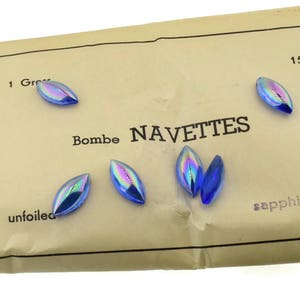 Lote de 6 diamantes de imitación vintage de cristal AB de zafiro, 15 x 7 mm, cabujón, base plana, fabricado en Alemania Occidental.