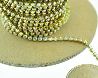 Swarovski Rhinestone Brass Set Chain with 14pp (6ss) 2mm Crystal AB Stones Priced per Foot (12 inches)