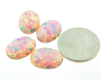 Harlequin Opal Czech Glass Cabochon Bombe Cab Top Flatback Stones 18x13mm Oval Lot of 4 Pieces Vintage Rhinestones Multi Color Speckled