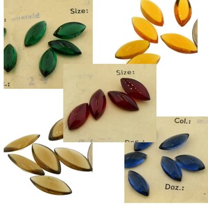 May include: Assortment of glass cabochons in various colors, including emerald green, amber, ruby red, and sapphire blue. The cabochons are displayed on cards with the words "Size:" and "Doz.:" printed on them.