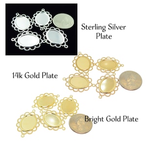 May include: Three sets of oval-shaped pendant trays with scalloped edges. The trays are shown in three different finishes: sterling silver plate, 14k gold plate, and bright gold plate. Each set includes four trays.