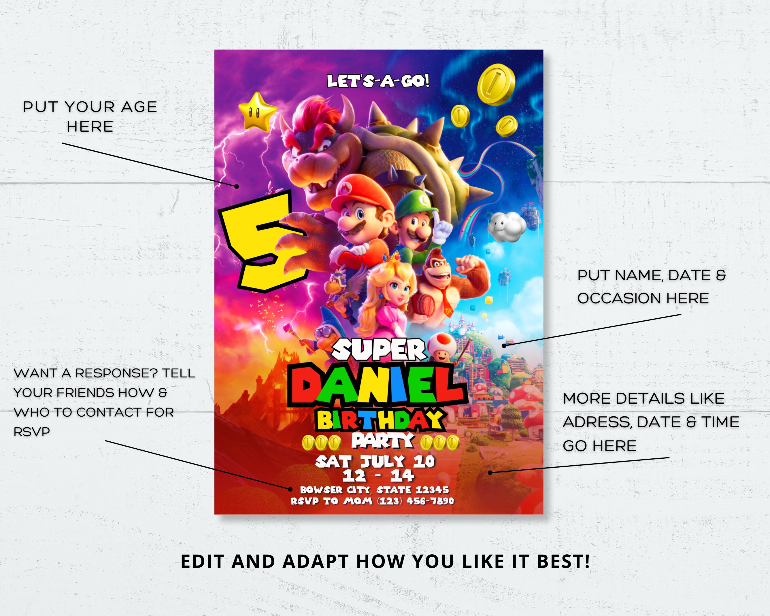 Super Mario Bros Movie Printable Personalized Invitation| Customizable ...