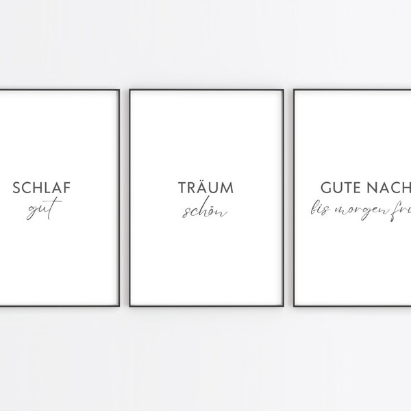 Schlaf gut Träum schön Gute Nacht|Poster 3er Set fürs Schlafzimmer |Minimal Wall Art for Home Decor|digitales Poster|PDF