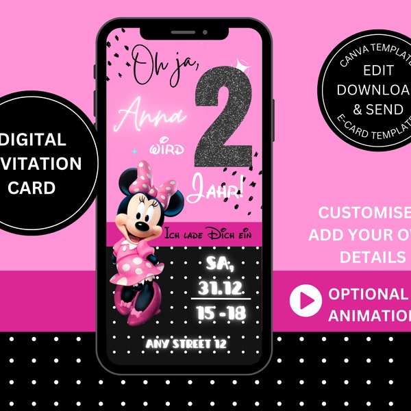 Digitale Einladung | Geburtstag | personalisiert zum Versenden per Whatsapp | Ecard Geburtstagseinladung | Digitaler Download | Minnie Mouse