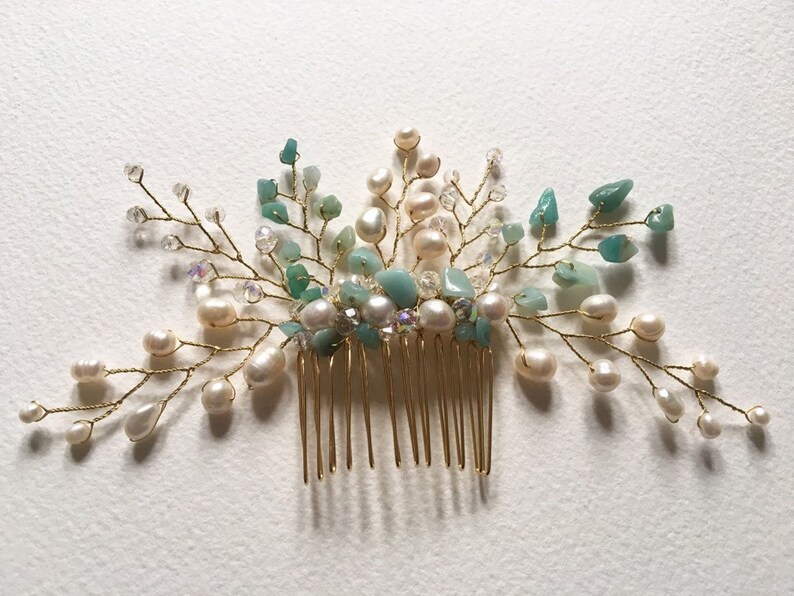 Turquoise amazonite and pearl hair comb bridal accessories wedding hair accessory hair piece hair jewellery bridal gemstone hair comb formal