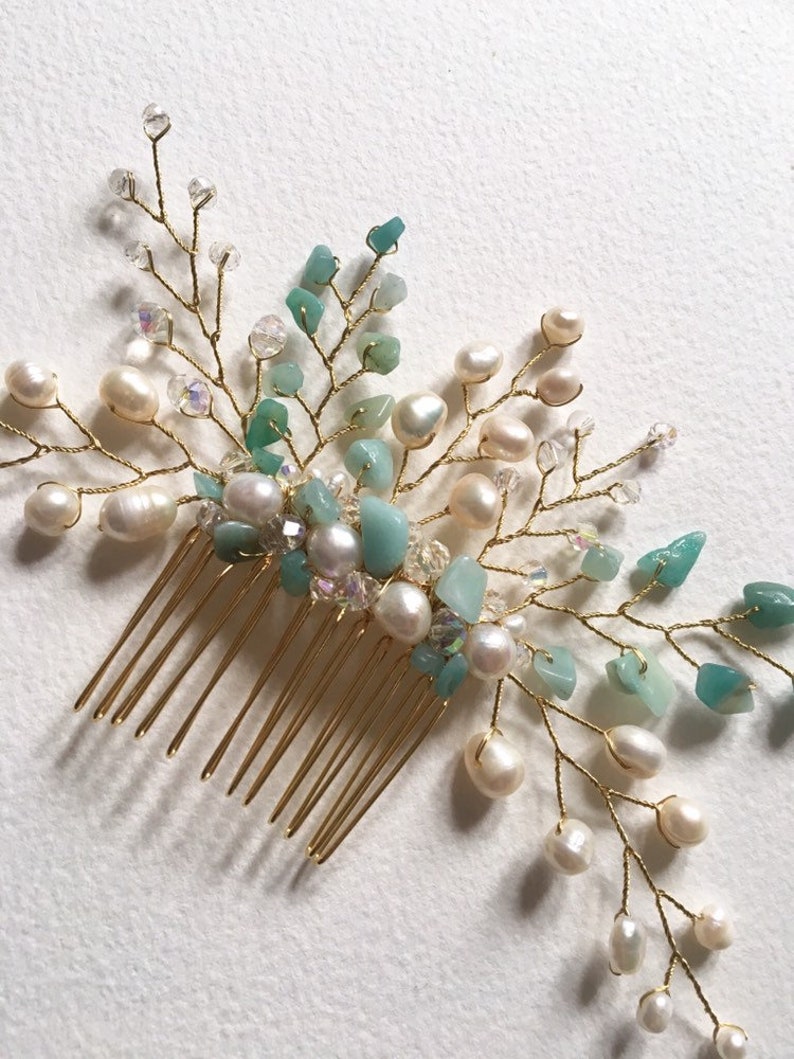 Turquoise amazonite and pearl hair comb bridal accessories wedding hair accessory hair piece hair jewellery bridal gemstone hair comb formal