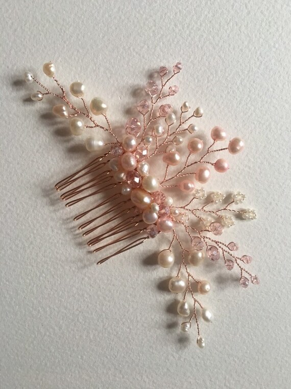 Blush Pink Pearl Crystal Rose Gold Hair Comb Pearl Hair Etsy
