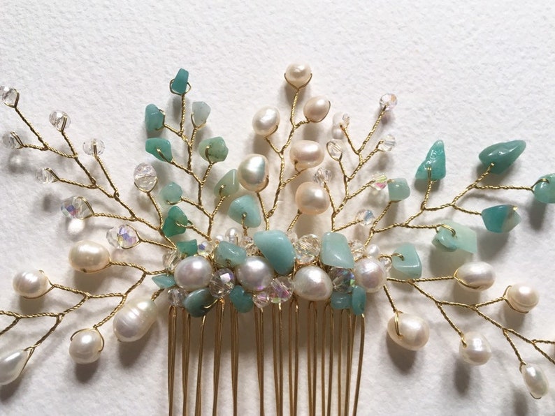 Turquoise amazonite and pearl hair comb bridal accessories wedding hair accessory hair piece hair jewellery bridal gemstone hair comb formal