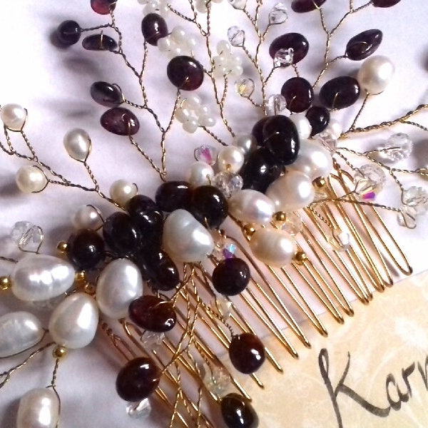 Red garnet gemstone and ivory fresh water pearl bridal golden hair comb wedding mother of the bride prom formal hair accessory hair piece