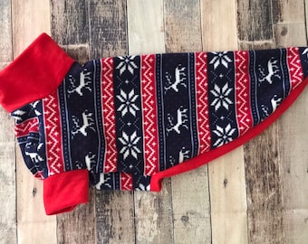 Red Christmas greyhound pyjamas, festive whippet pajamas, sighthound xmas sweater