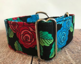 Roses Greyhound martingale collar - 1.5" wide blue flowers galgo collar, red & black fabric sighthound martingale