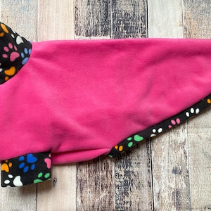 Pink paw print made-to-measure sighthound sweater - rainbow paws greyhound & whippet warm fleece pjs, dog coat with 2 legs, lurcher pyjamas