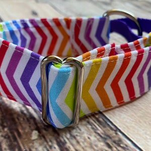 Rainbow chevron Greyhound collar - 1.5&quot; wide colourful stripe martingale dog collar