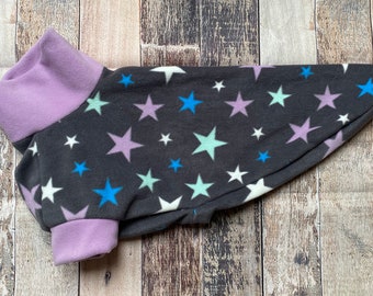 Lilac and Grey stars Greyhound fleece jumper / starry whippet clothes / space purple sighthound sweater, lilac mint grey dog coat clothing