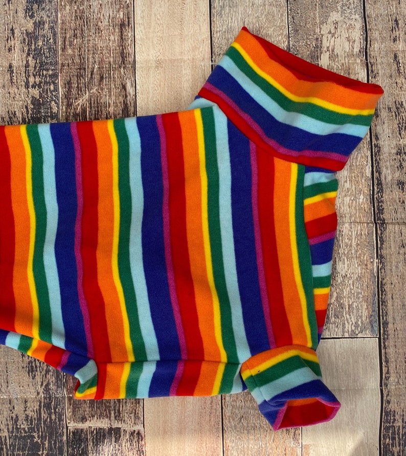 Rainbow Stripe greyhound & whippet pajamas, retro made to measure fleece sweater for sighthounds. image 4