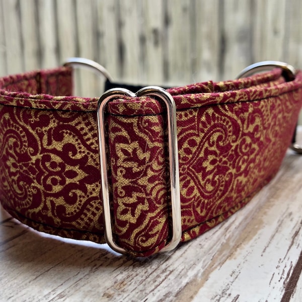 Burgunder-goldenes Windhundhalsband - 1,5-Zoll-Metalldruckhalsband, königliches Windhundhalsband