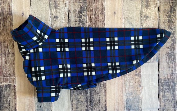 Blue Tartan Greyhound fleece pajamas, blue plaid sighthound clothing, whippet coat, lurcher pjs