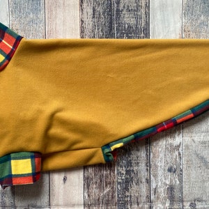 Mustard and autumn tartan Greyhound fleece coat, warm lurcher pyjamas jumper, autumn whippet pjs, sighthound housecoat jammies plaid fall