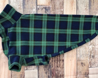 Blackwatch Tartan Greyhound fleece pajamas, blue & green sighthound clothing, whippet coat, lurcher pjs