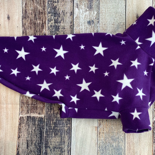 READY TO SHIP 22” purple star whippet pajamas,  warm fleece lurcher pjs, sighthound pyjamas, purple saluki coat, 2 leg hound jumper sweater