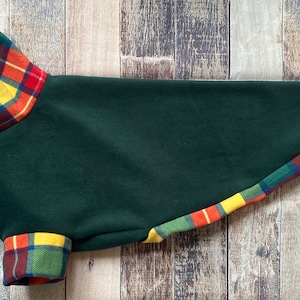 Green and autumn tartan Greyhound fleece coat, warm lurcher pyjamas jumper, autumn whippet pjs, sighthound housecoat jammies plaid fall