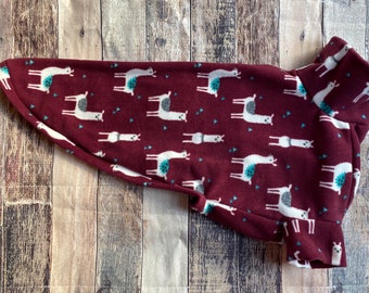 Burgundy llama Greyhound pyjamas, fleece lurcher sweater, cute whippet pjs, sighthound housecoat