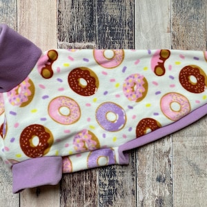 Lilac Donut greyhound pjs, doughnut whippet fleece pjs, pink lilac purple made to measure jumper sweater for sighthounds.