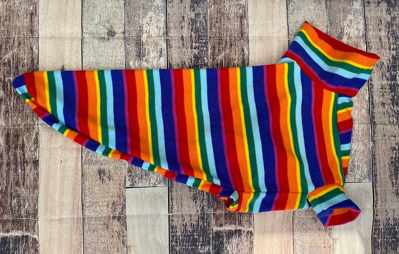 Rainbow Stripe greyhound & whippet pajamas, retro made to measure fleece sweater for sighthounds. image 2