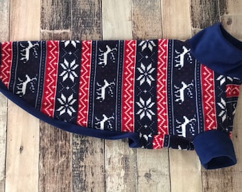 PRONTO PER LA SPEDIZIONE Pigiama di levriero natalizio blu da 30", pigiama festivo in pile di levriero, maglione per cani di grandi dimensioni con fiocchi di neve di renne
